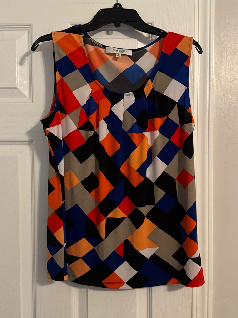 Jones Studio Geometric Sleeveless Tank — Blue, Orange, Red, Black, White, Tan